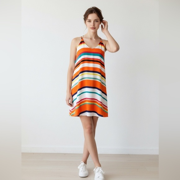 Source Unknown Dresses & Skirts - Elaine Rose Orange Red White Multicolor Striped Summer Midi Dress size 8 187